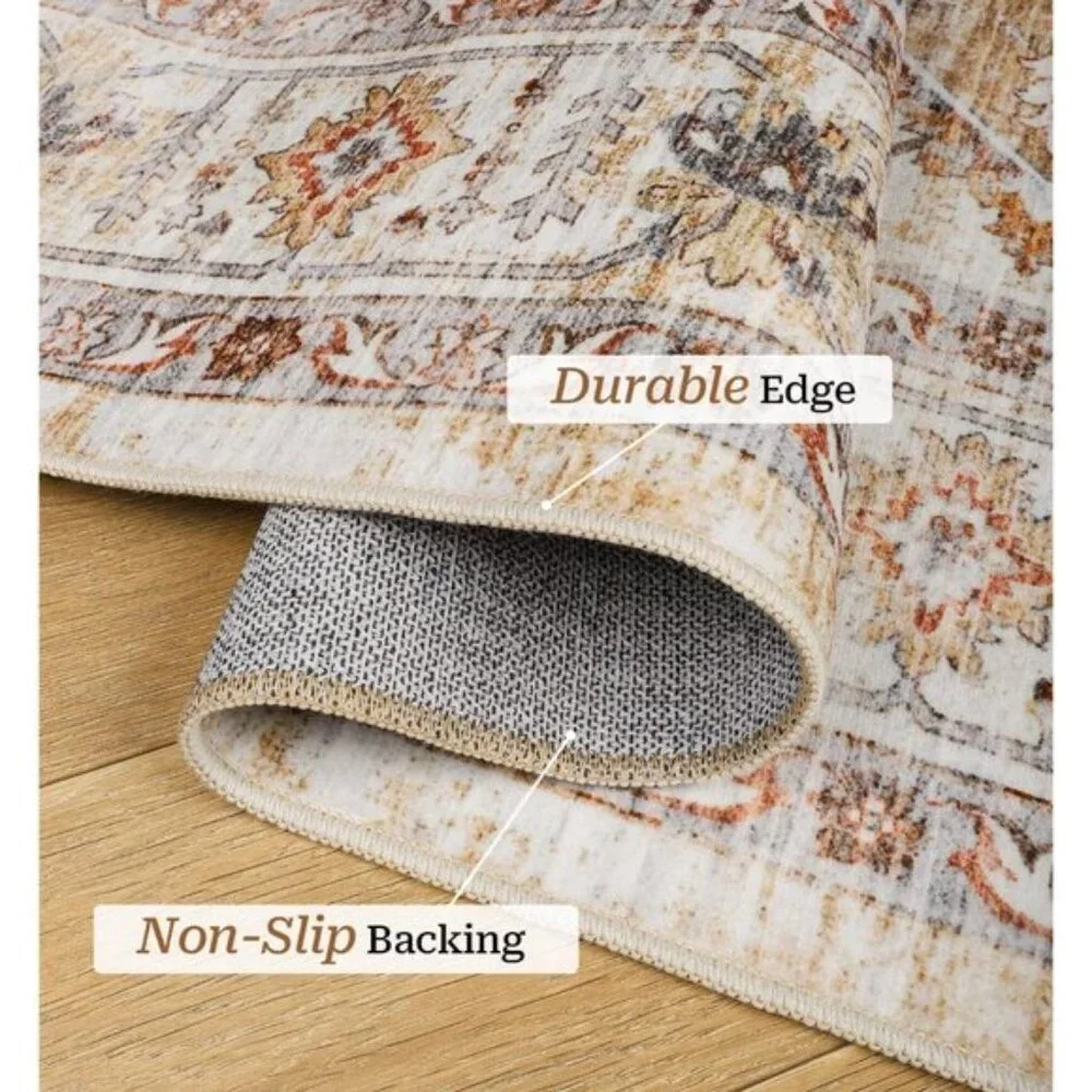 New 8x10 Washable Area Rug, Soft Vintage Non-Slip Carpet in Turmeric & Grey